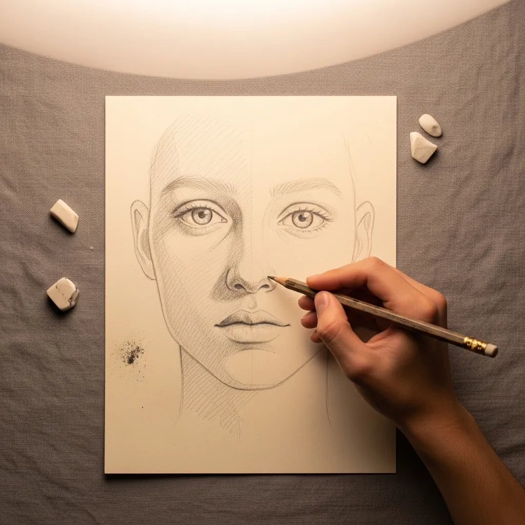 Beginner adding soft graphite shading to a cheek on cream paper