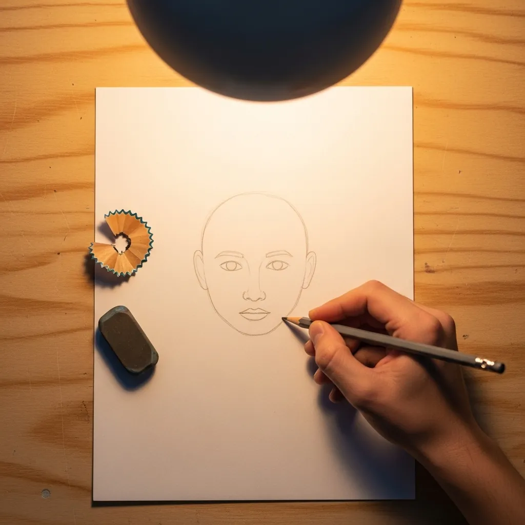 Beginner drawing a small child face outline in soft pencil