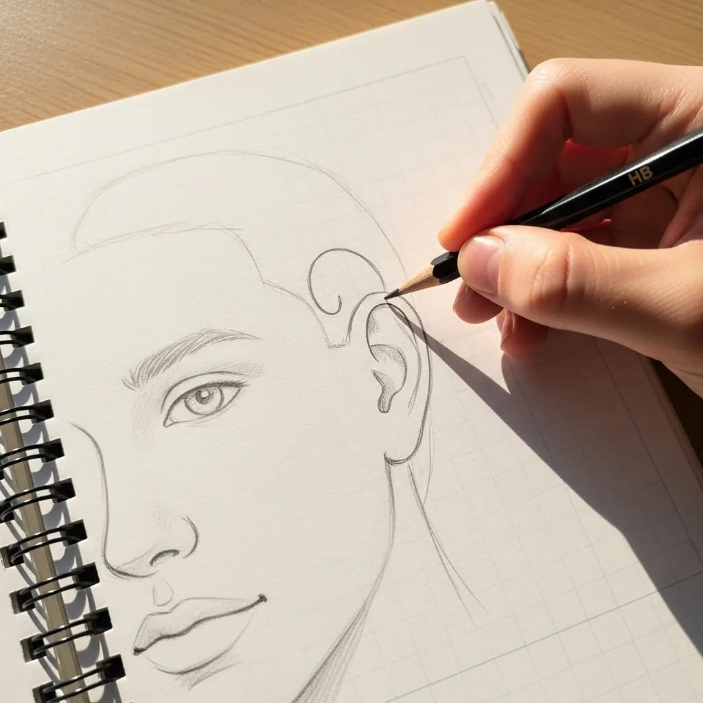 Beginner drawing detailed ear structure in a profile sketch