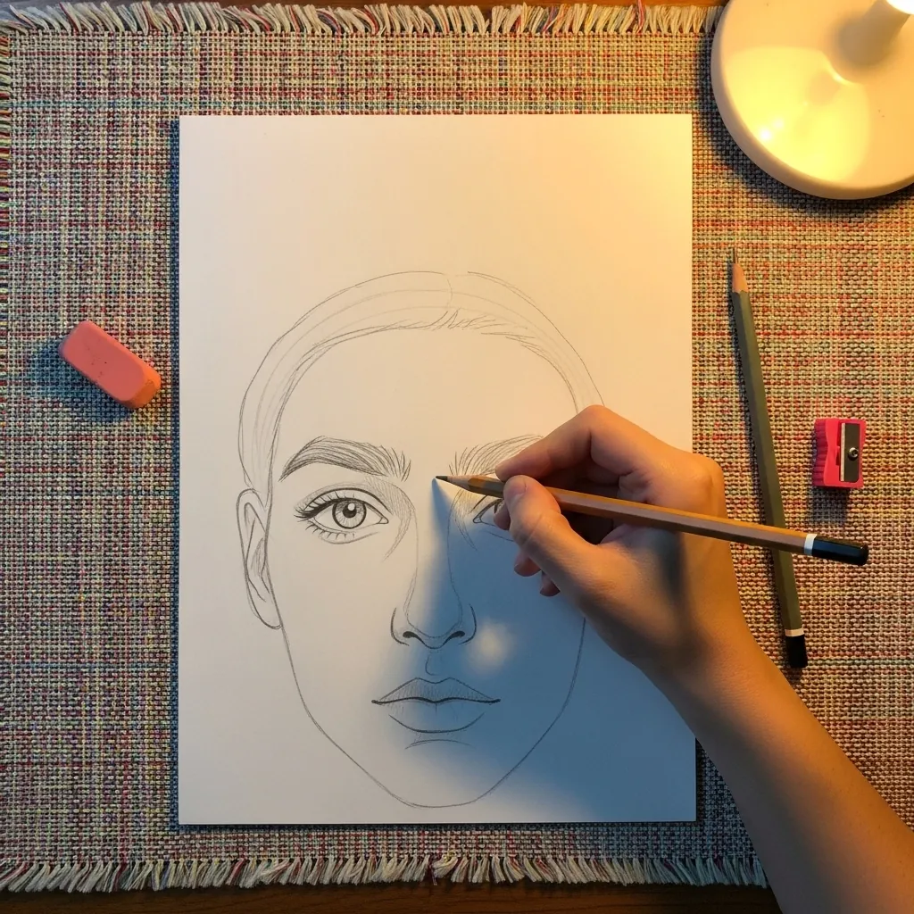 Beginner drawing a face lit strongly from one side