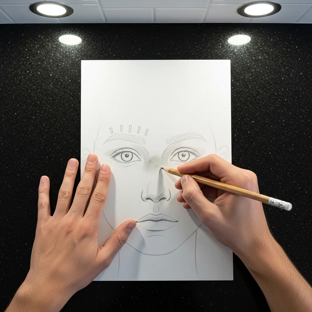 Beginner drawing a face with detailed lashes under bright light