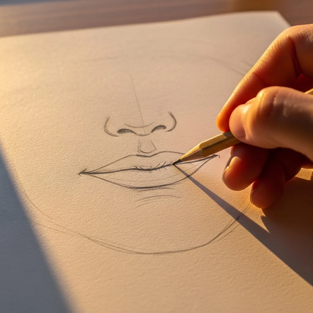 Beginner drawing detailed lips in pencil on warm toned paper
