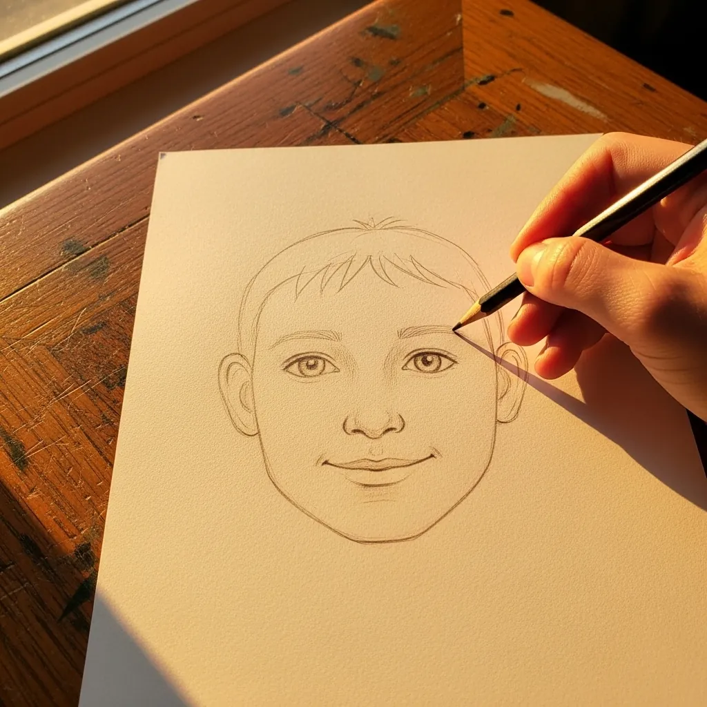 Beginner drawing a boy face with short hair in pencil