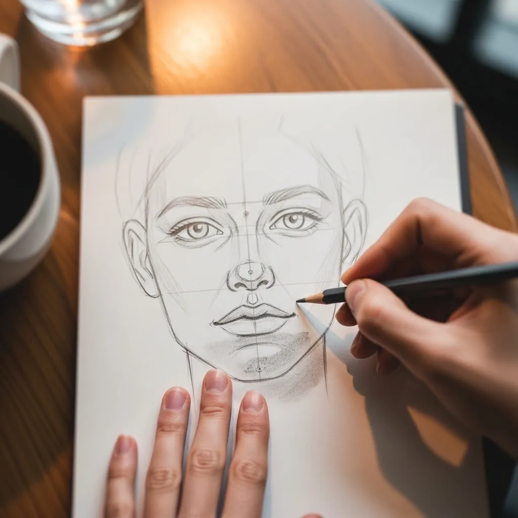 Beginner drawing a face with visible construction guide lines