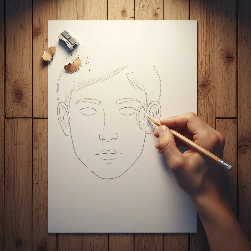 Beginner drawing a simple male face in clean pencil line