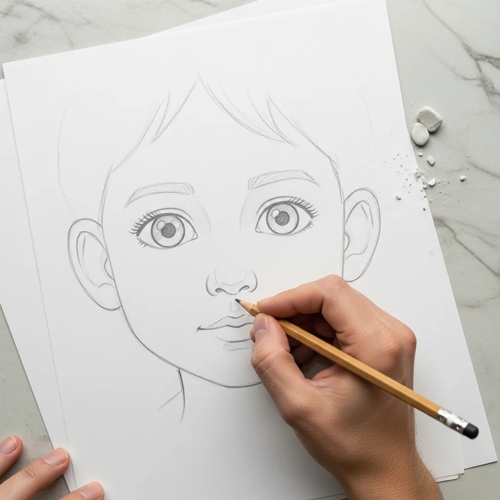 Beginner drawing a child face with large eyes and a small nose