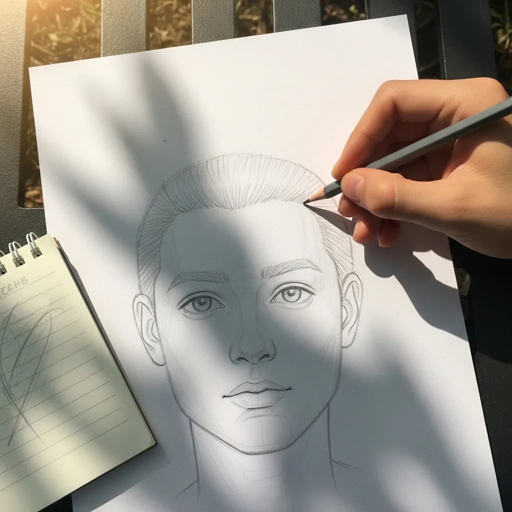 Beginner drawing a face with short hair and soft shading