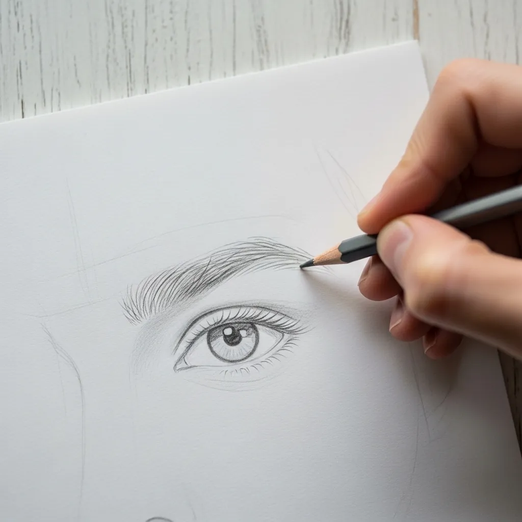 Beginner drawing a single detailed eye with an eyebrow above it