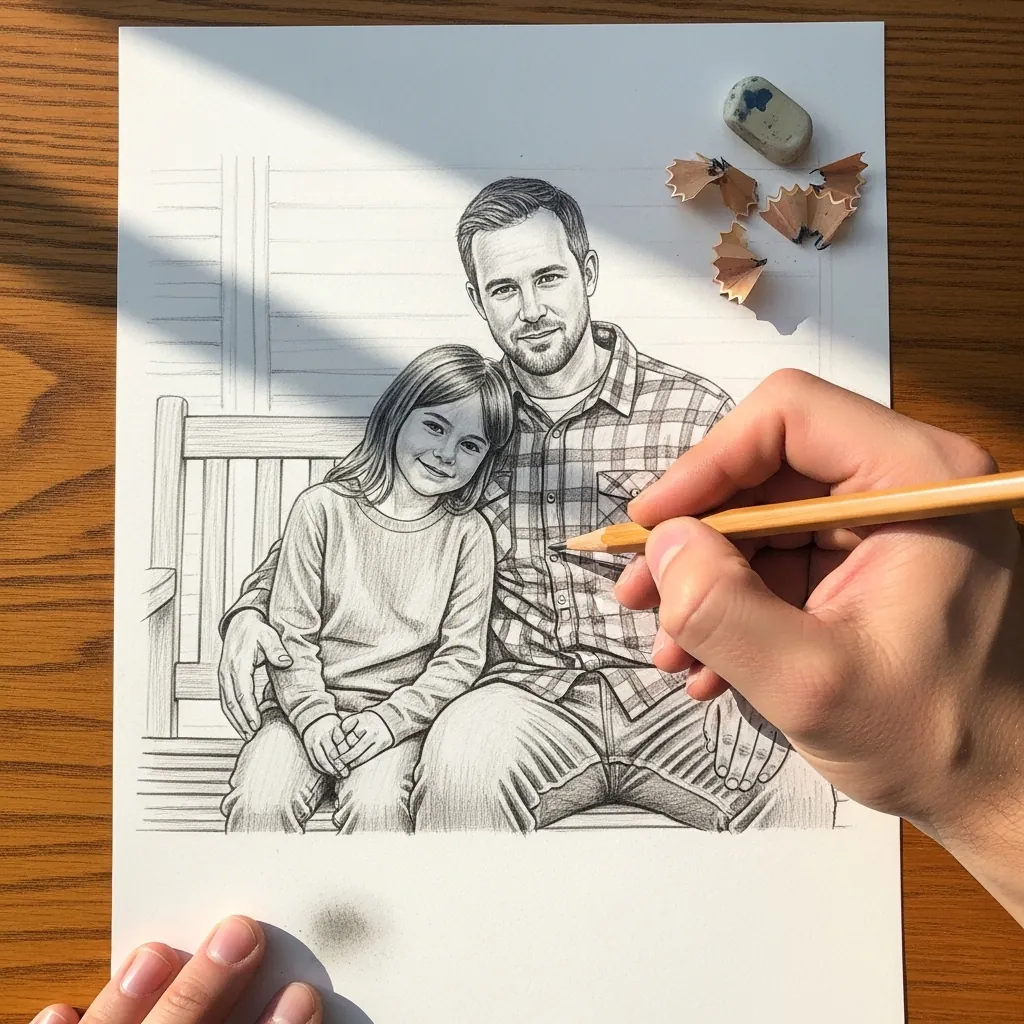 Graphite drawing of a father and daughter sitting together on a wooden bench