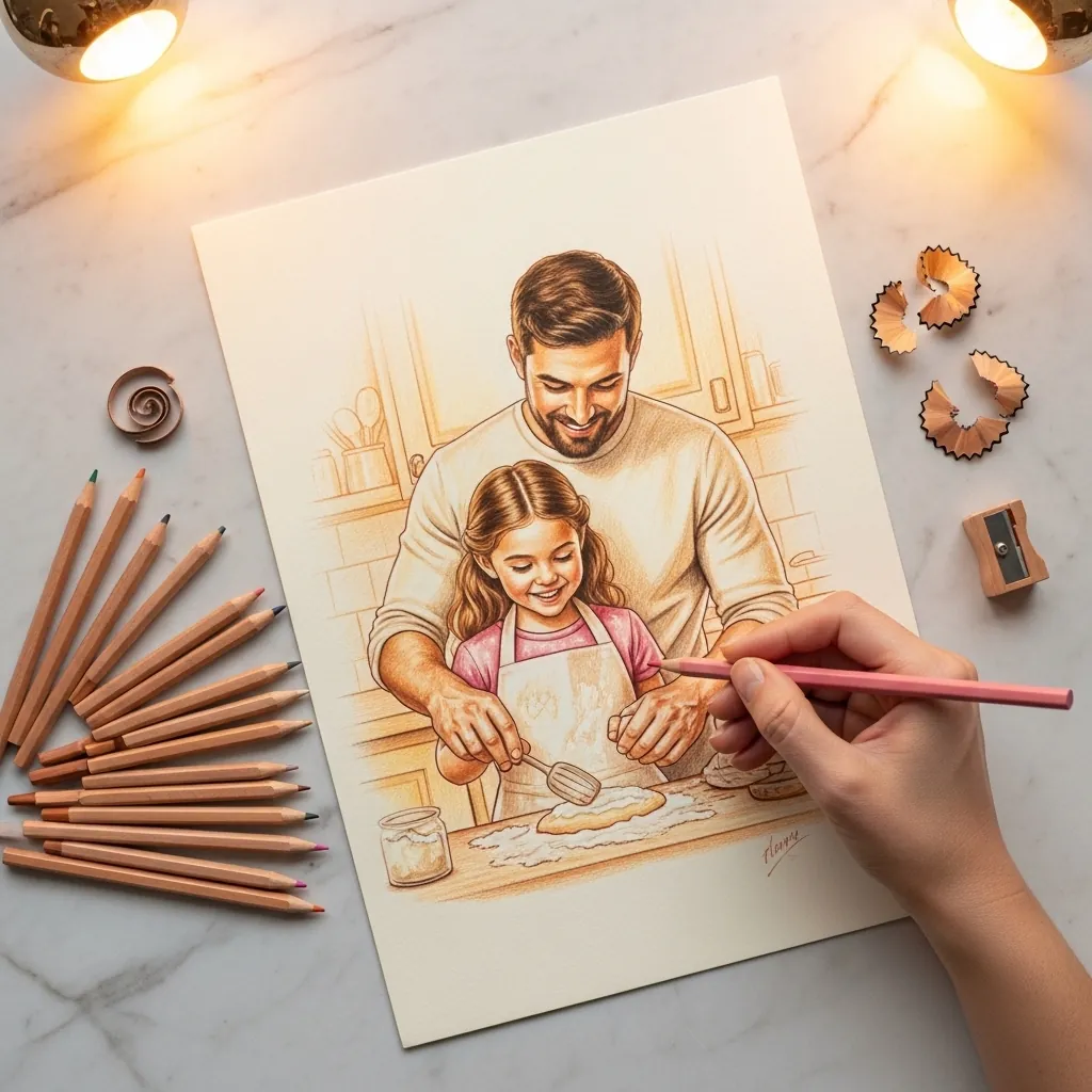 Warm colored pencil scene of a father and daughter baking at a kitchen counter