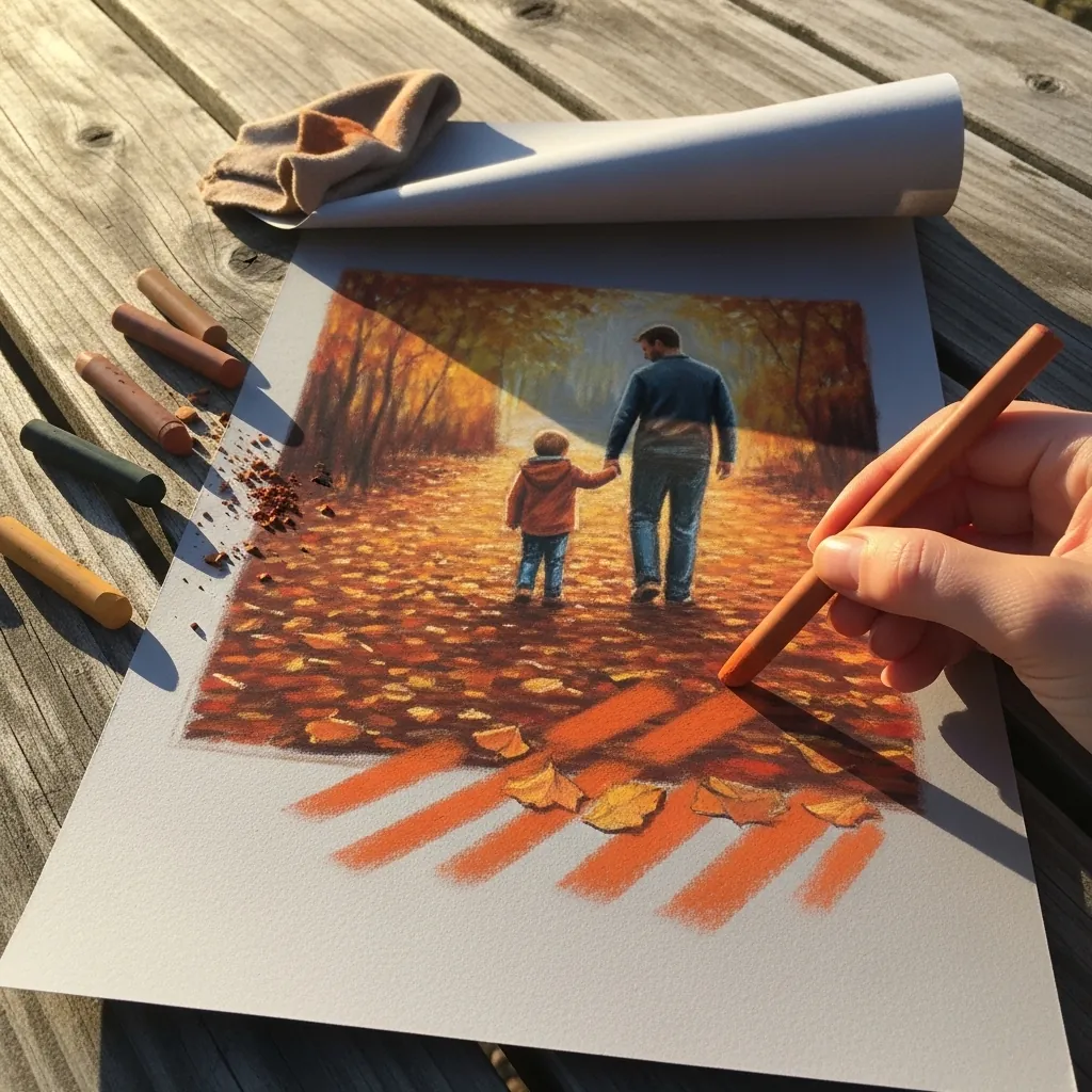 Oil pastel scene of a father and child walking hand in hand through fallen leaves