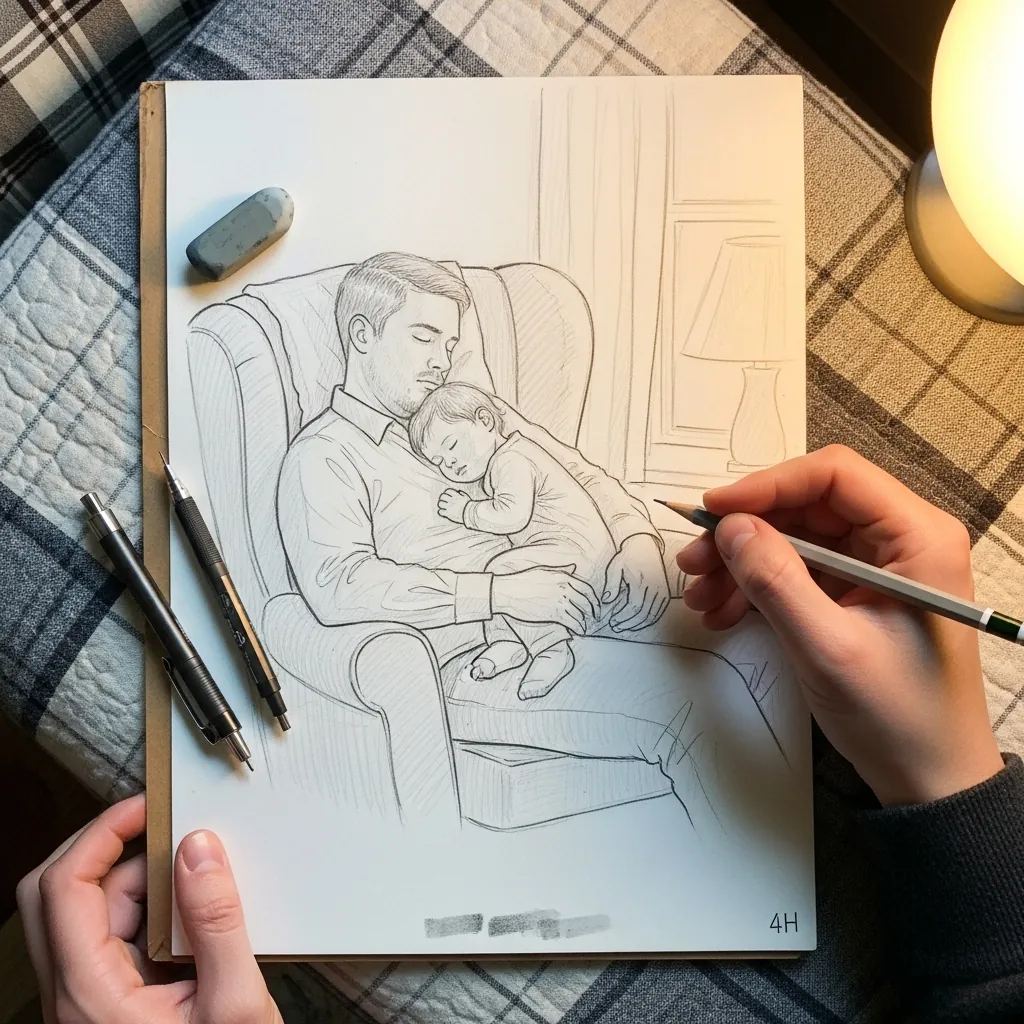 Light pencil drawing of a father asleep in an armchair with a child on his chest