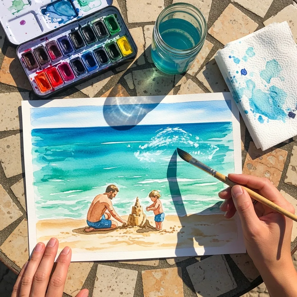 Watercolor of a father and small child building a sandcastle beside the sea