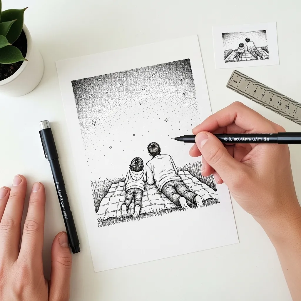 Fine stippled ink drawing of a father and child lying on a blanket watching stars