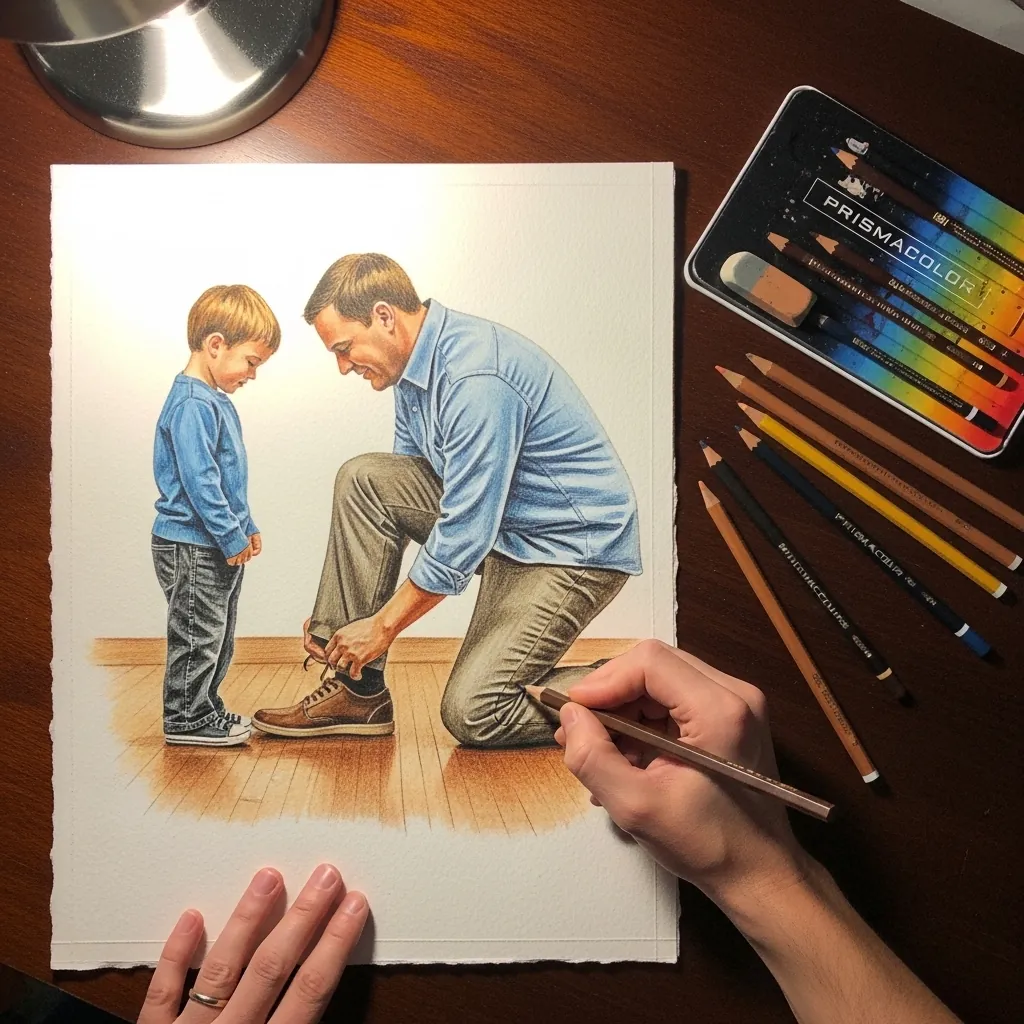 Colored pencil drawing of a father kneeling to tie a young boy's shoelace