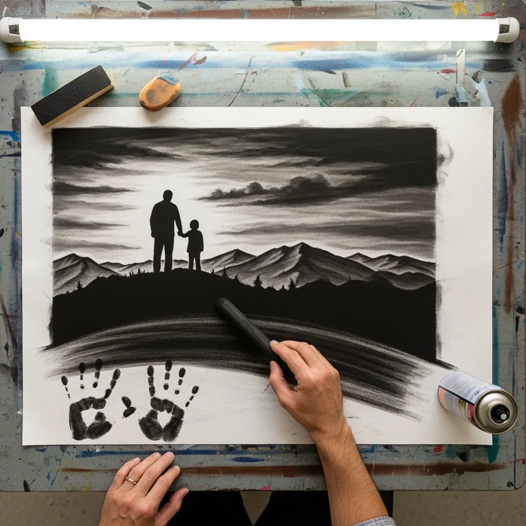 Charcoal silhouette of a father and child standing on a mountain ridge at dusk