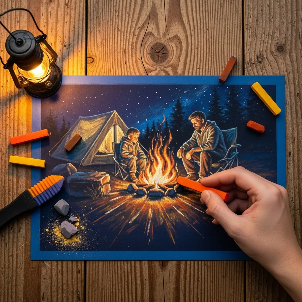 Oil pastel scene of a father and child sitting by a glowing campfire under stars
