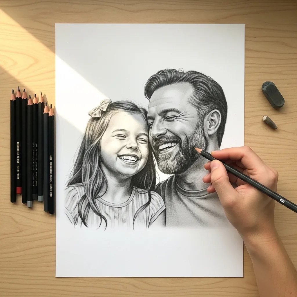 Graphite portrait of a father and daughter laughing together cheek to cheek