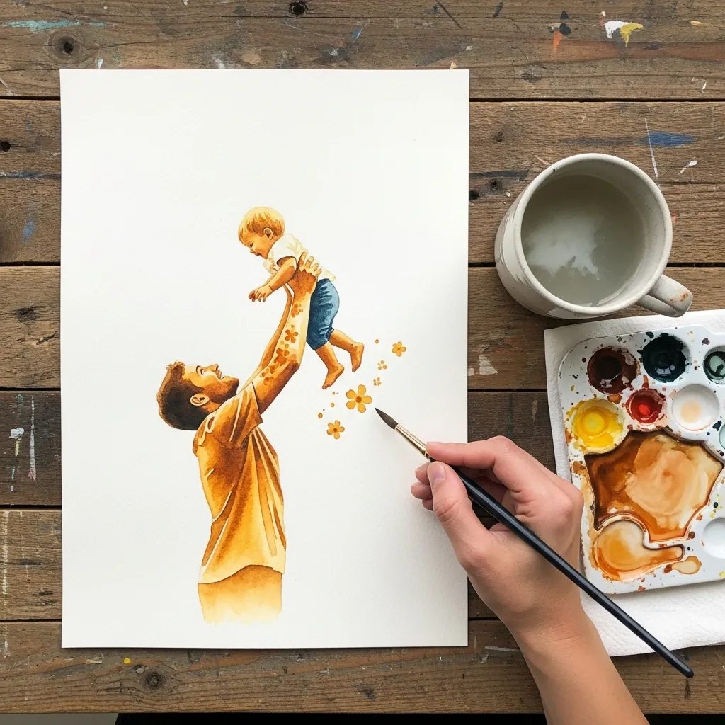 Watercolor of a father lifting a small child overhead with golden petals falling
