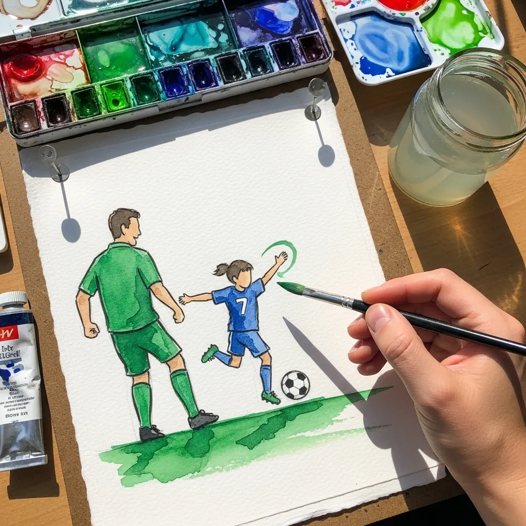 Loose watercolor of a father and daughter playing football on a green lawn