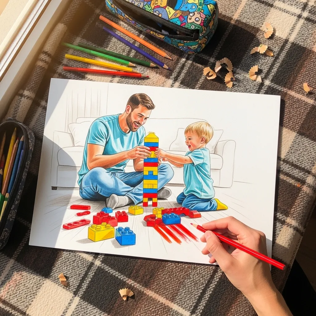 Colored pencil scene of a father and toddler building a tower of colored blocks