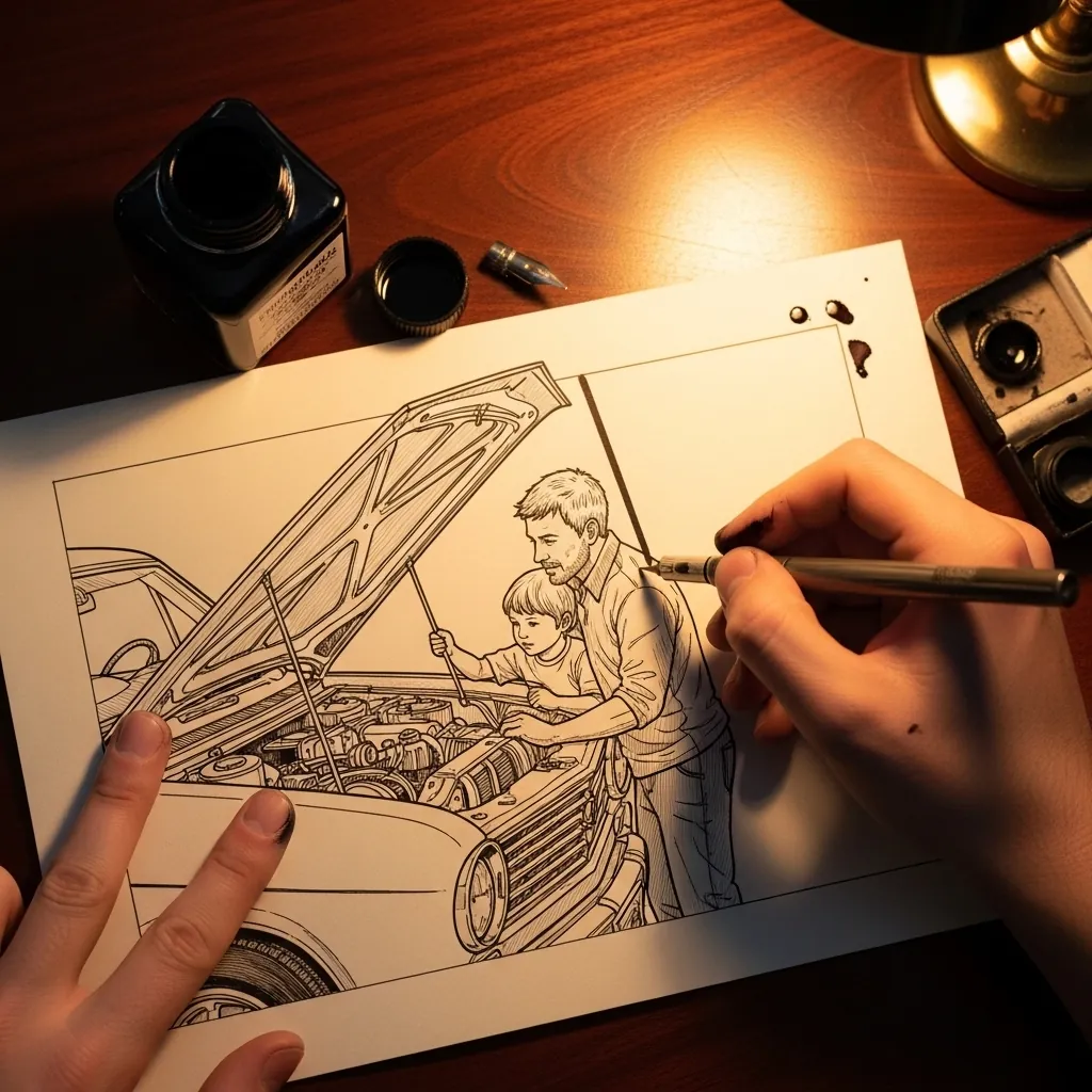 Fine ink line drawing of a father and child looking into an open car engine bay