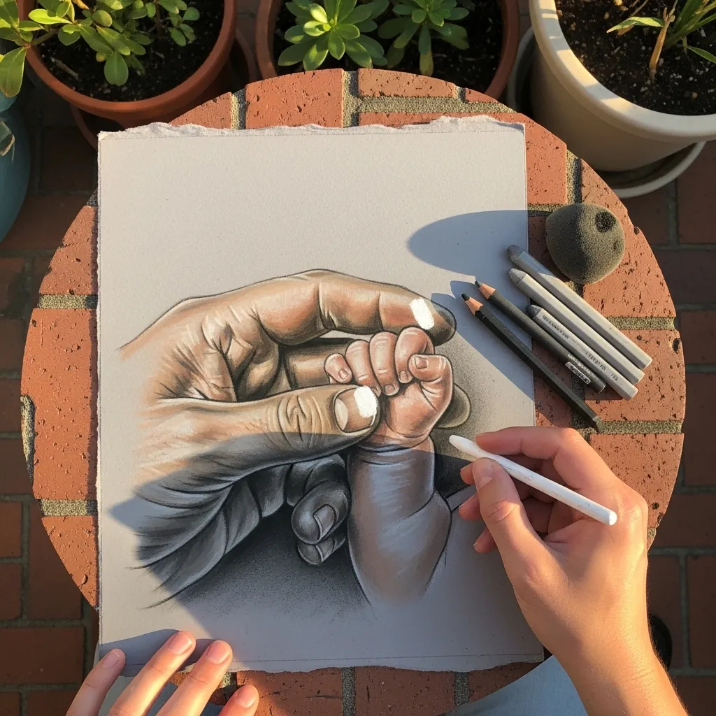 Charcoal drawing of a large weathered hand holding a small child's hand