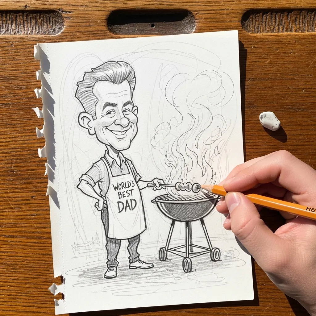 Pencil caricature of a smiling dad in a World's Best Dad apron at a barbecue