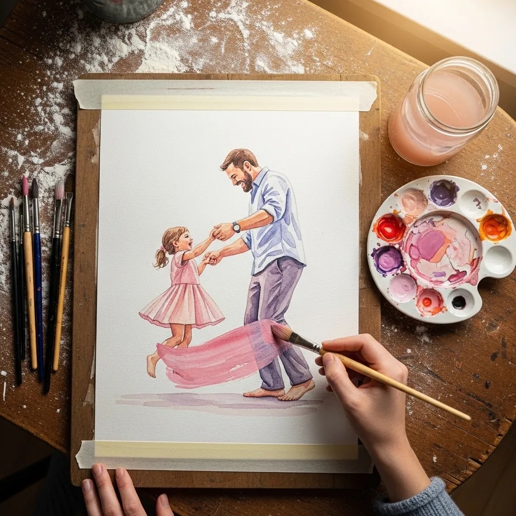 Soft watercolor of a father dancing with a small girl standing on his shoes