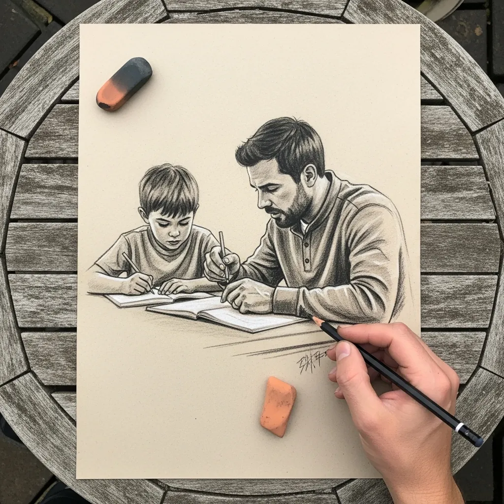 Charcoal drawing of a father helping a child with homework at a wooden table