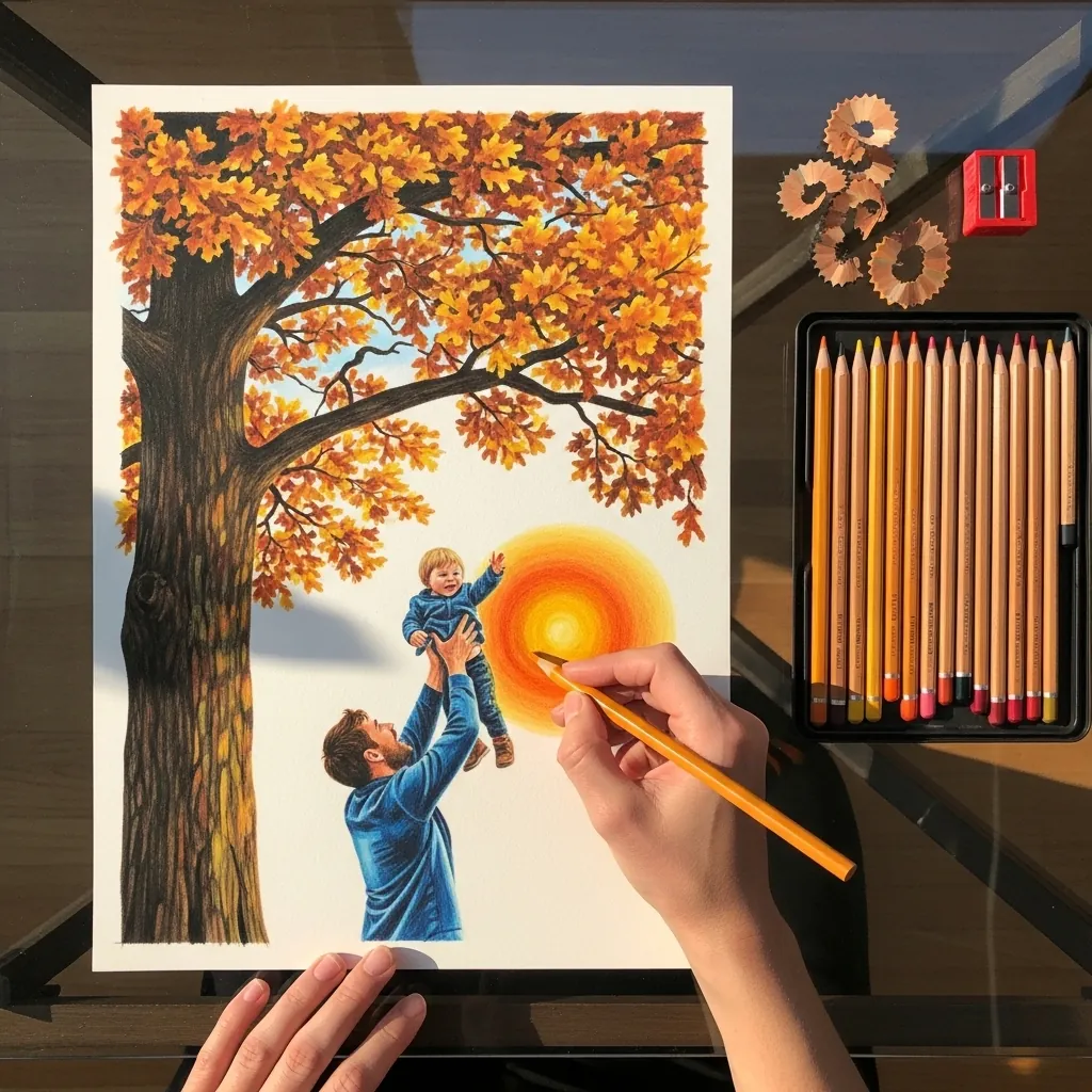 Colored pencil scene of a father lifting a toddler under a golden autumn tree