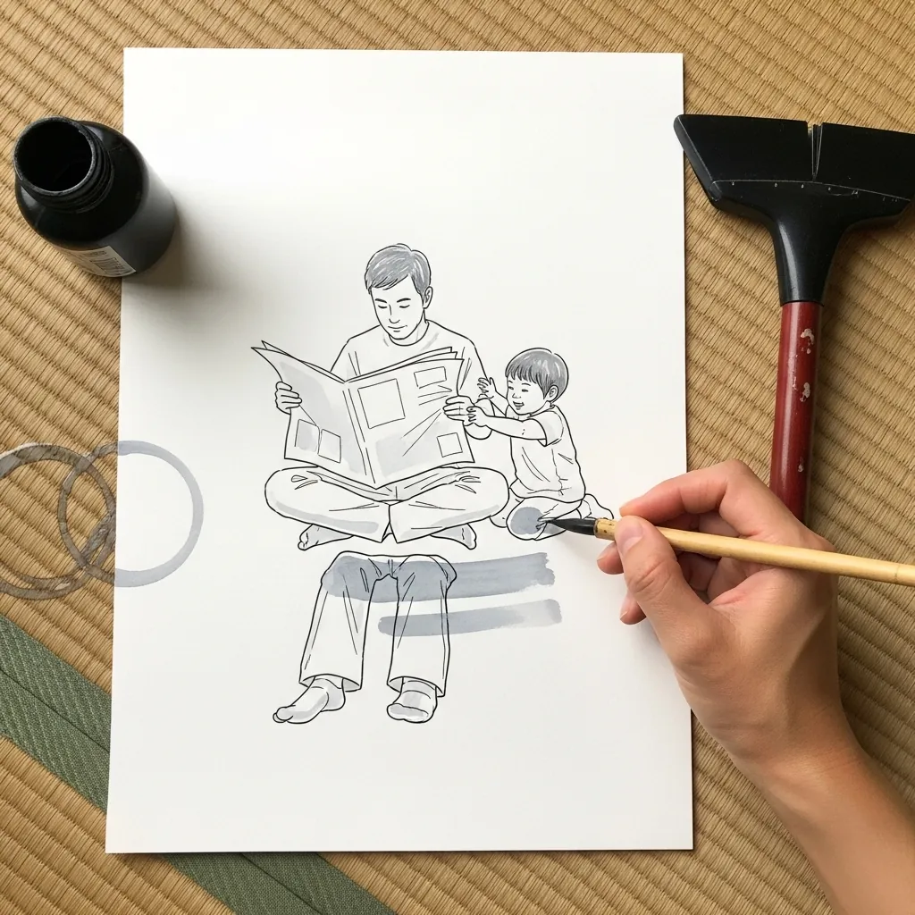 Simple line drawing of a father reading a newspaper with a child peering over