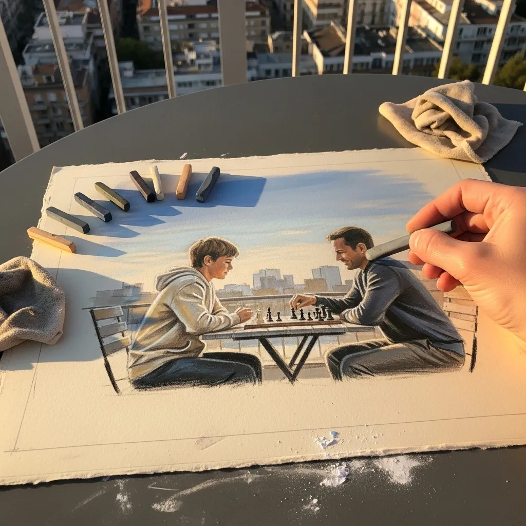 Charcoal drawing of a father and teenage son playing chess on a rooftop at sunset