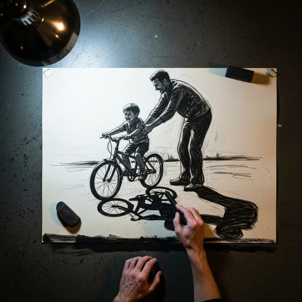 Charcoal drawing of a father steadying a child on a bicycle with long cast shadows