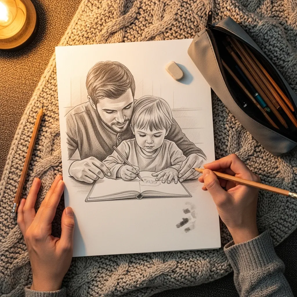 Warm pencil sketch of a father and young child drawing in a sketchbook together
