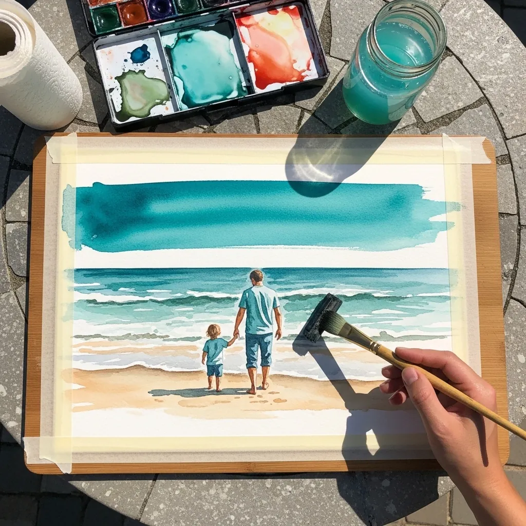 Watercolor of a father and small child walking together along a wide sandy beach