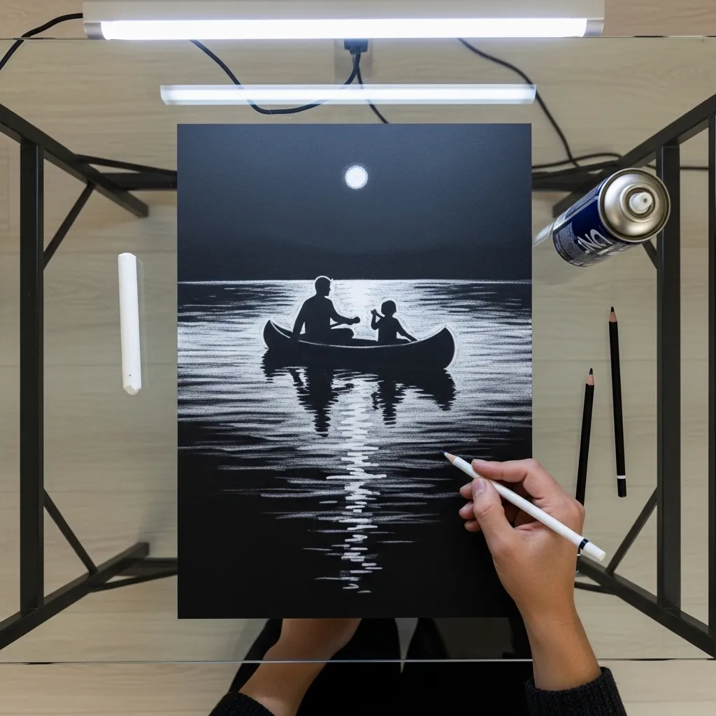 White on black drawing of a father and child paddling a canoe under a full moon
