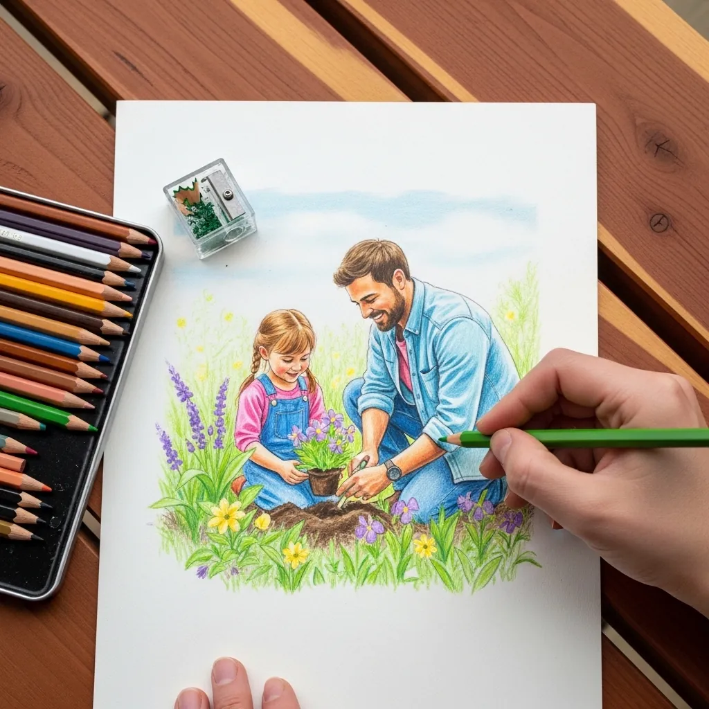 Colored pencil scene of a father and daughter planting flowers in a spring garden