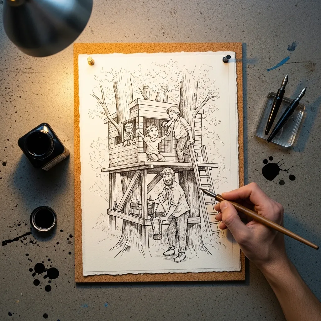 Fine ink drawing of a father building a wooden treehouse with two children