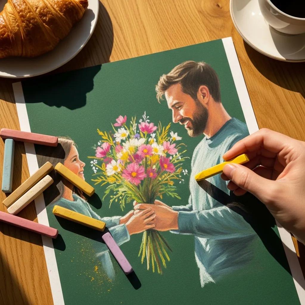 Soft pastel drawing of a small girl handing a bouquet of flowers to her father