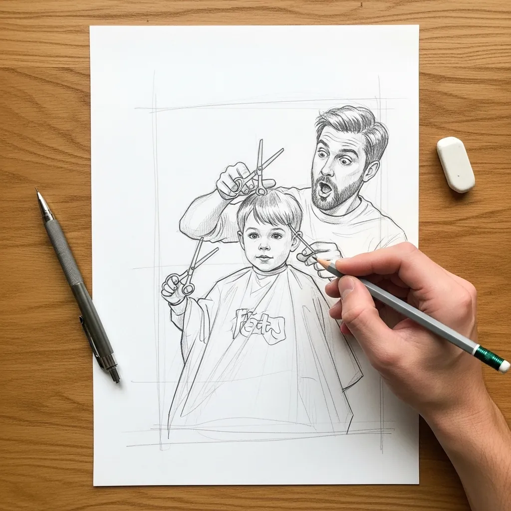 Pencil sketch of a father cutting his young son's hair with a nervous expression
