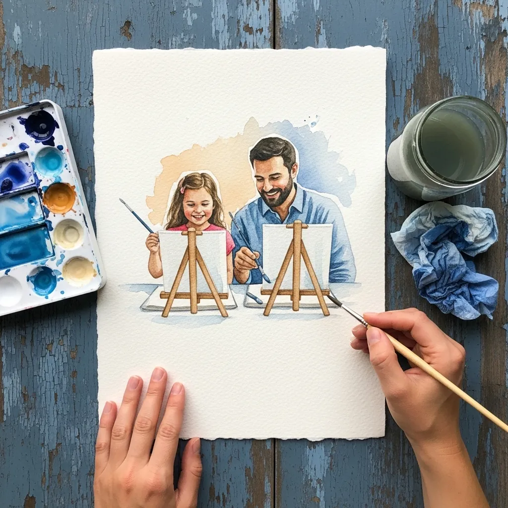 Watercolor of a father and daughter painting at two easels beside each other