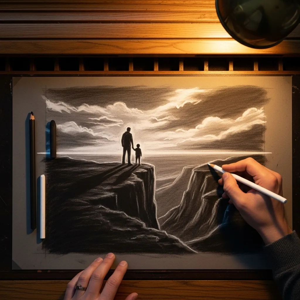 Charcoal drawing of a father and child standing on a cliff looking out to sea