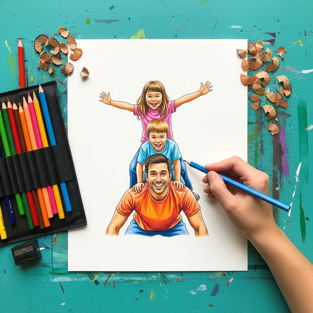 Bright colored pencil drawing of a father with two children stacked on his shoulders