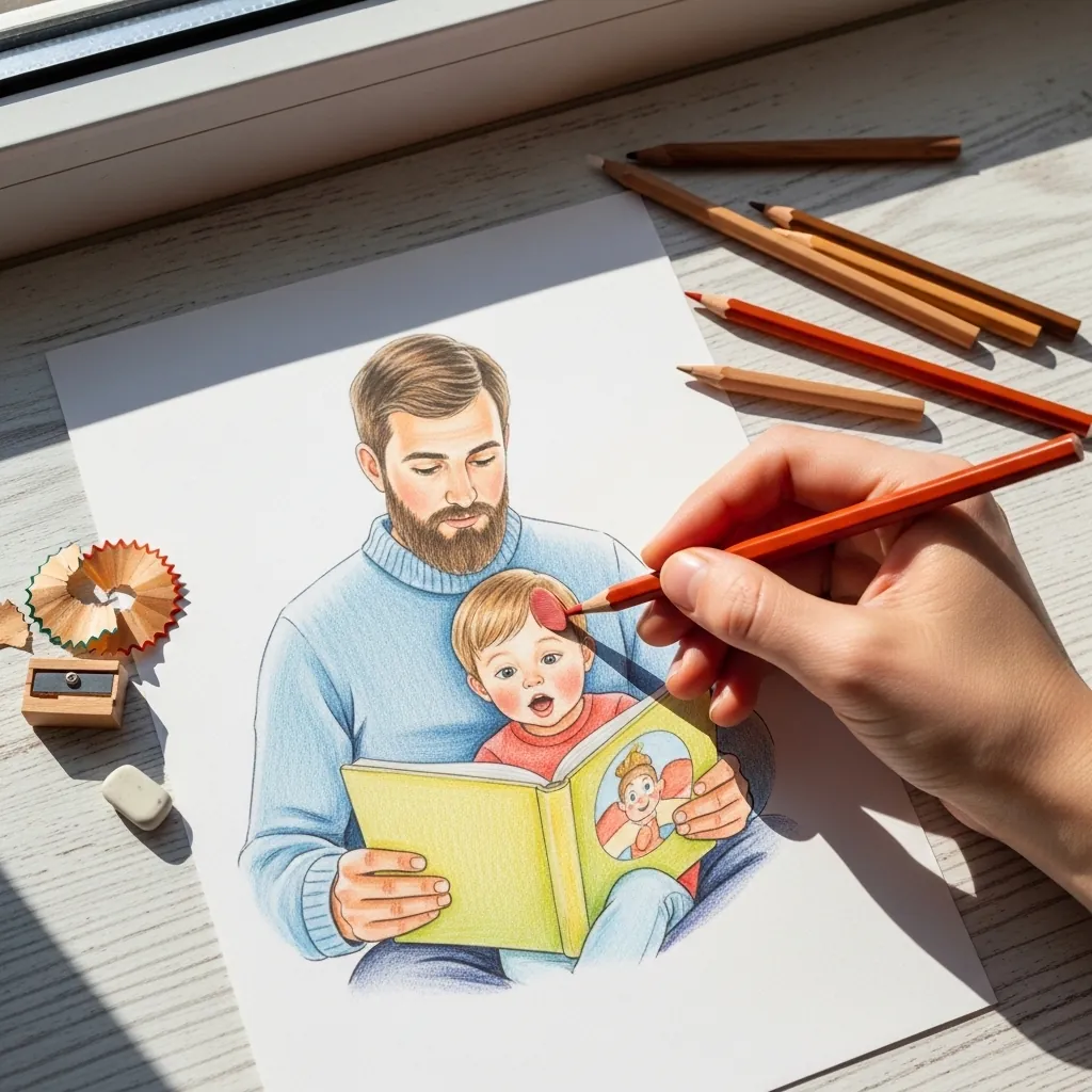 Colored pencil drawing of a father reading a picture book to a small child on his lap