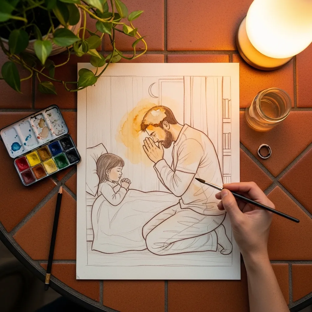 Warm line drawing of a father kneeling beside a child's bed at bedtime