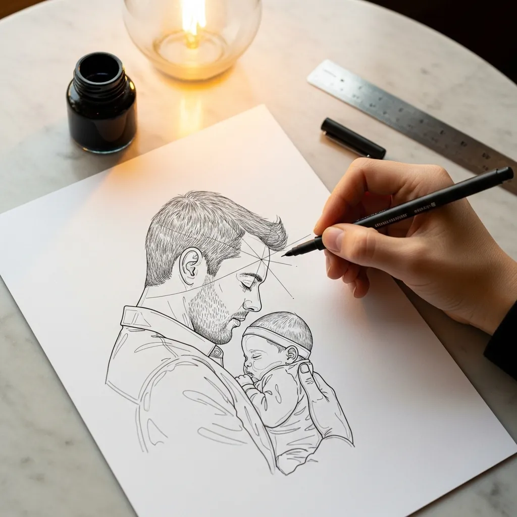 Clean fine line drawing of a father in profile holding a sleeping newborn baby