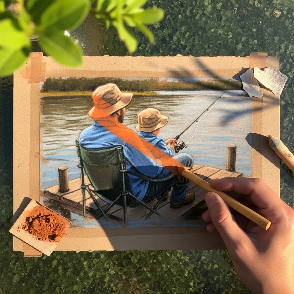 Soft pastel scene of a father and child fishing together from a wooden dock