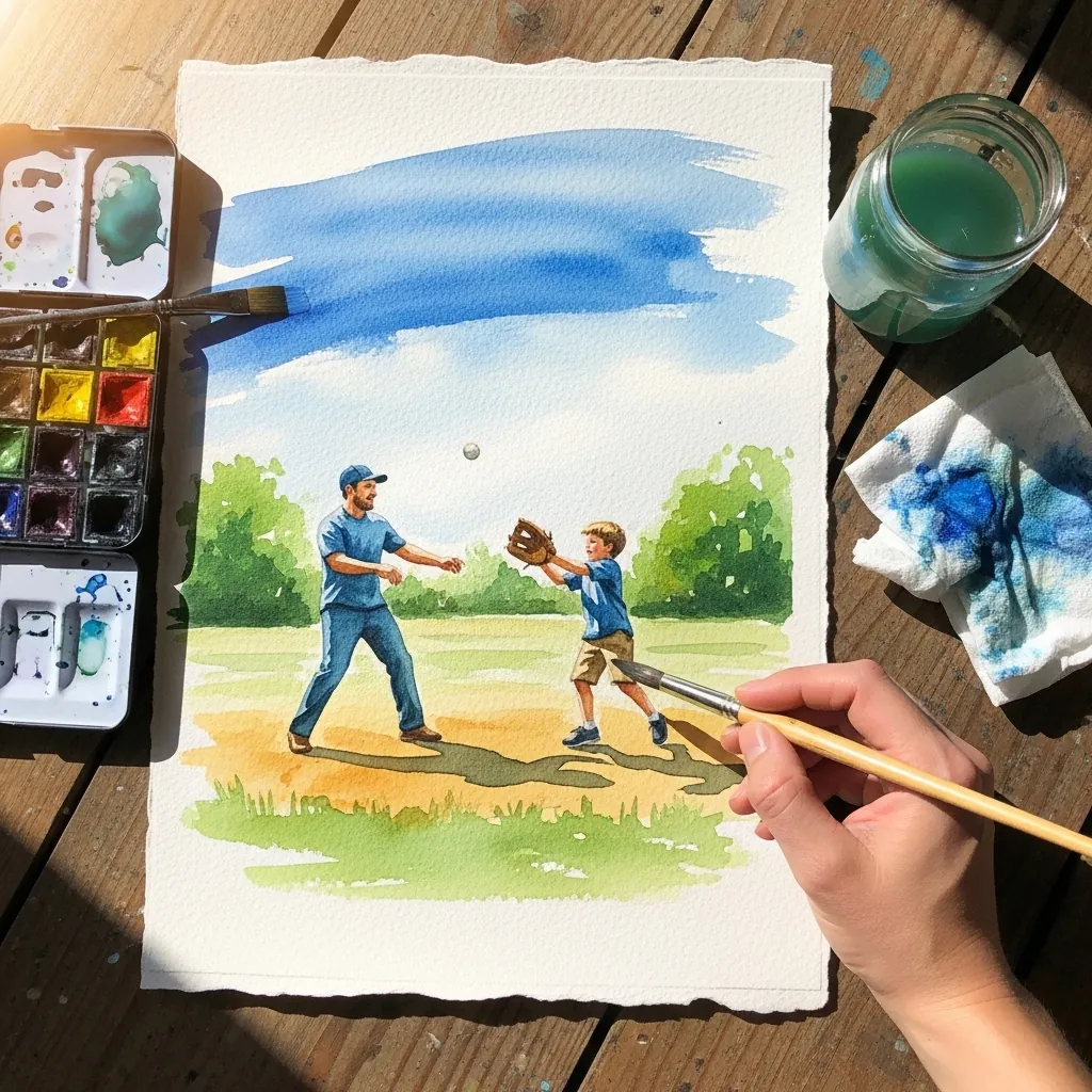 Loose watercolor of a father and son playing catch on a green sunlit field