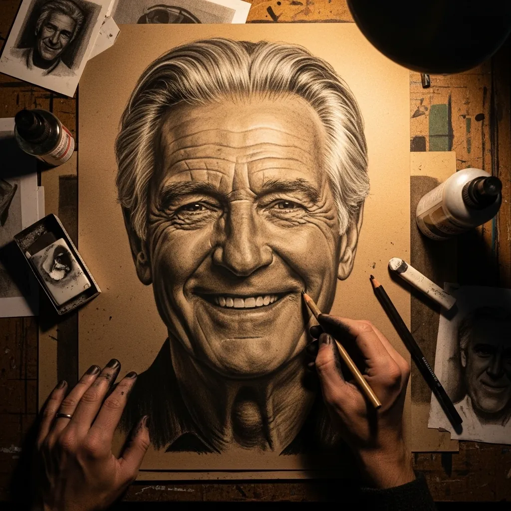 Sepia graphite portrait of a smiling older man with deep laugh lines
